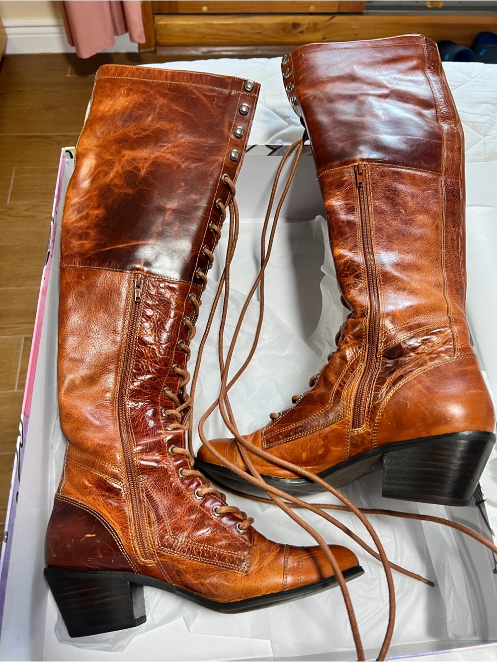 Rare Free People Jeffrey Campbell Joe Over the Knee Lace-up Brown Leather Boots - Picture 4 of 8